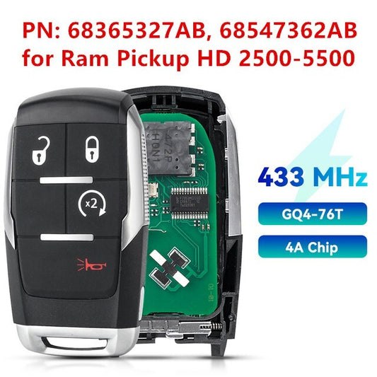 Uncut for Smart Key FOB 4-Button for 2019-22 for RAM Pickup 2500-5500 Heavy Duty GQ4-76T