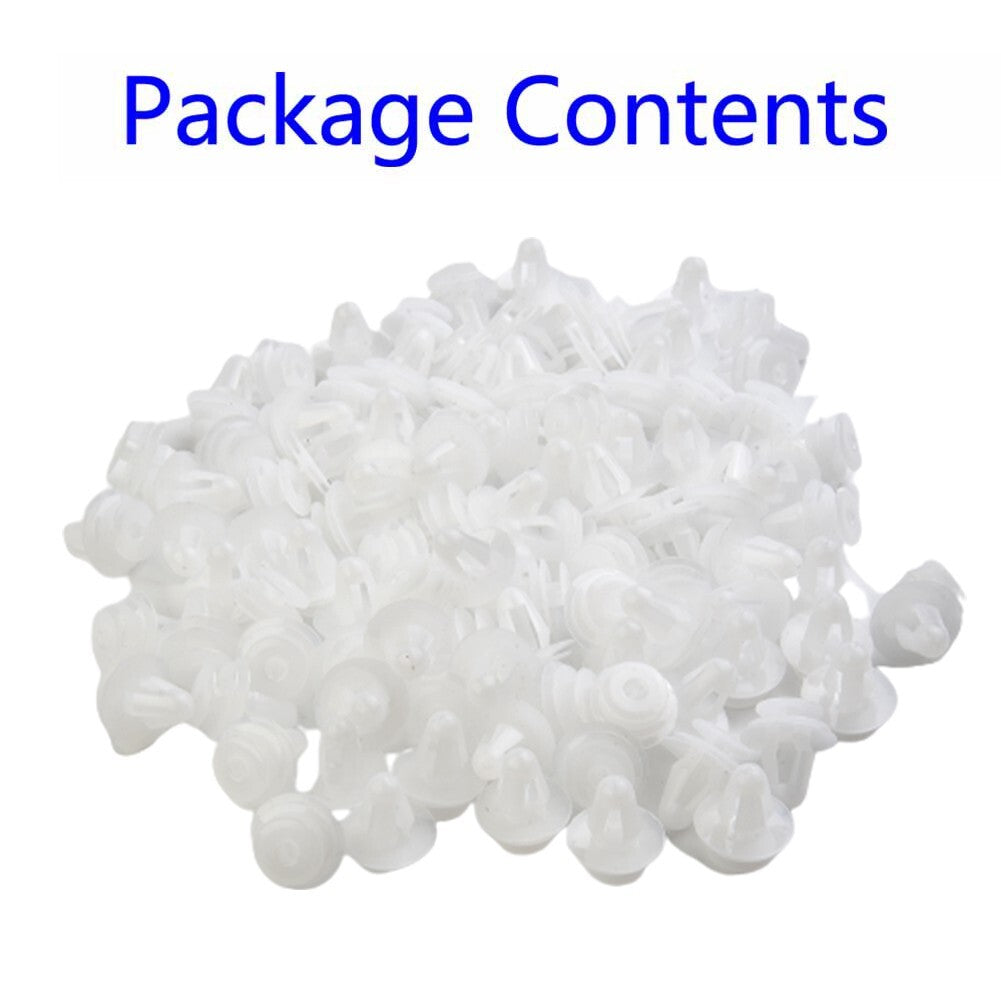 Rivet clamp retainer, push-type, 9mm hole, 100 pieces, white plastic bumper