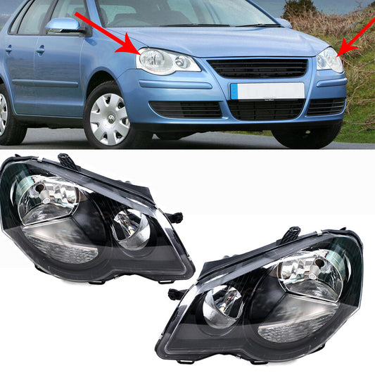 A pair of front bumper fog lights and black headlight assemblies are suitable for Volkswagen POLO 9N3 2006-2010.
