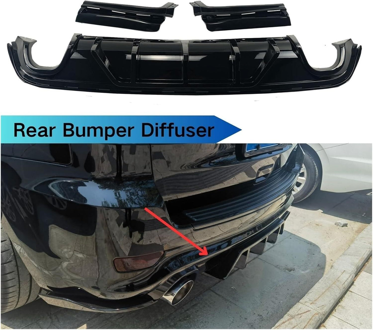 Shark Fin Rear Bumper Diffuser Glossy Black for Jeep Grand Cherokee SRT 2014-21
