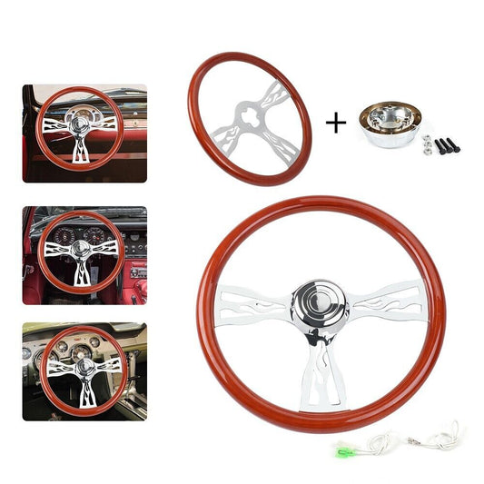 18 Wood Steering Wheel Chrome 3 Spoke For Big Rigs with Horn Button Kit