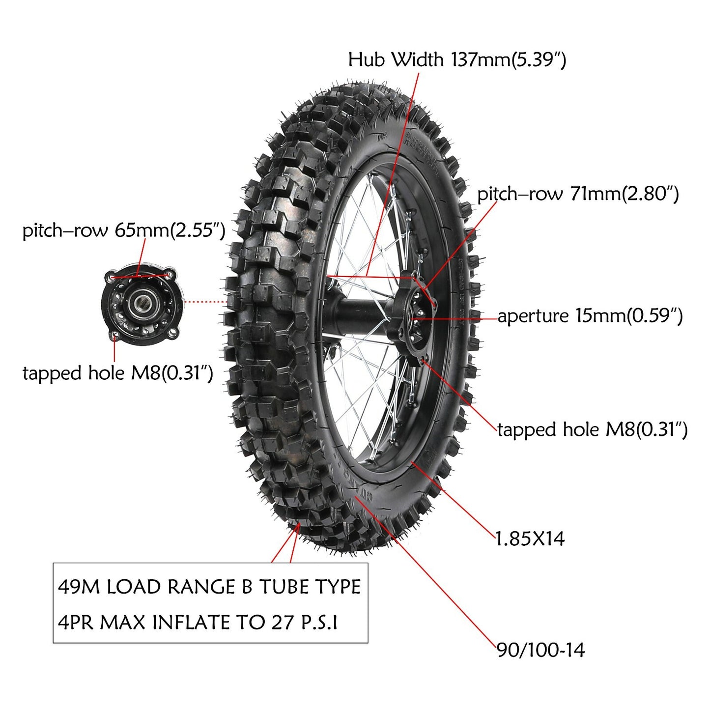 90/100- 14 inch Rear Wheel Assembly Tyre Rim Kit Pit Dirt Bike 110/125/160cc