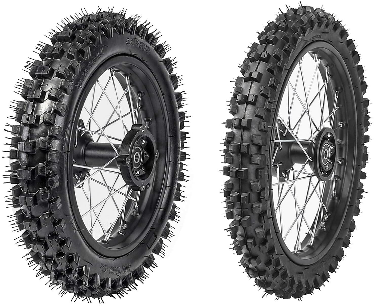 Front 60/100-14 and rear 80/100-12 tires and rims for the KX65 SSR 125cc CRF70 bicycle.