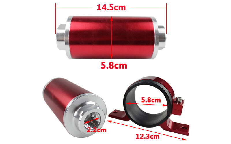 High-flow Billlet aluminum fuel filter, 100 micron element, AN6/8/10, adapter + bracket
