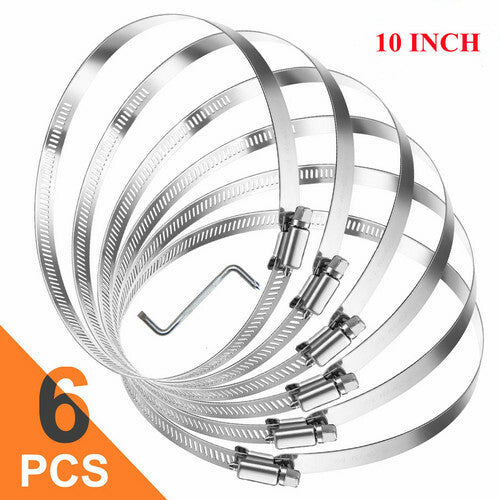 6-Piece Pack of 10-inch Hose Clamps 304 Stainless Steel - Worm Gear Hose Clamp Tool