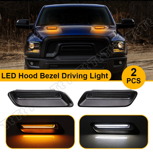 2-Piece Sequential LED Range Hood Bezel Decorative Driving Lights for Dodge for Ram 1500 Classic (10-22)