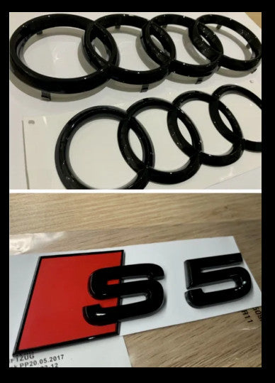 3-Piece for Audi S5 Sportback Badge Rings, Front Cover, Rear Boots, BBQ Badges, Gloss Black