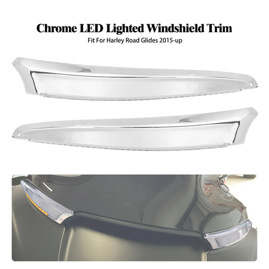 Chrome Windshield Trim w/ Turn Signal LED Light for Harley Road Glide 2015-2023