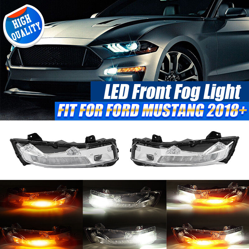 A pair of fog lights for 2018-2022 for Ford for Mustang LED DRL sequential turn signal operation.