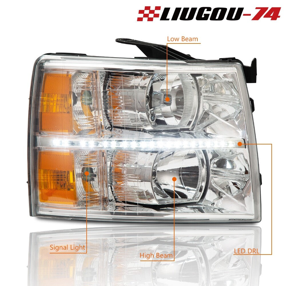 Suitable for 07-13 for Chevrolet Silverado LED DRL strip projector headlights LH+RH 1 pair