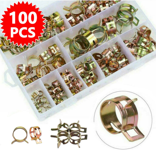 100Pcs 6-17mm Fuel Hose Line Water Pipe Air Tube Spring Clip Clamps Assortment