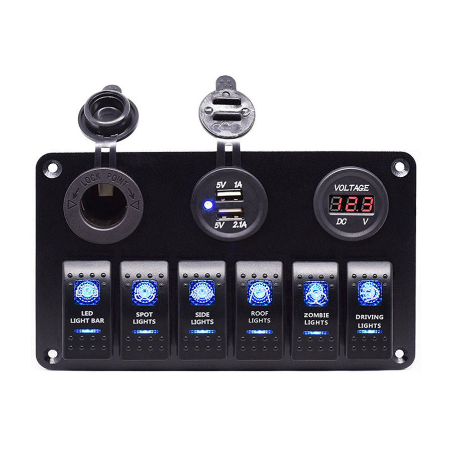 12V Car Boat 6 Gang Switch Panel Cigarette Lighter Dual USB Socket Red Voltmeter