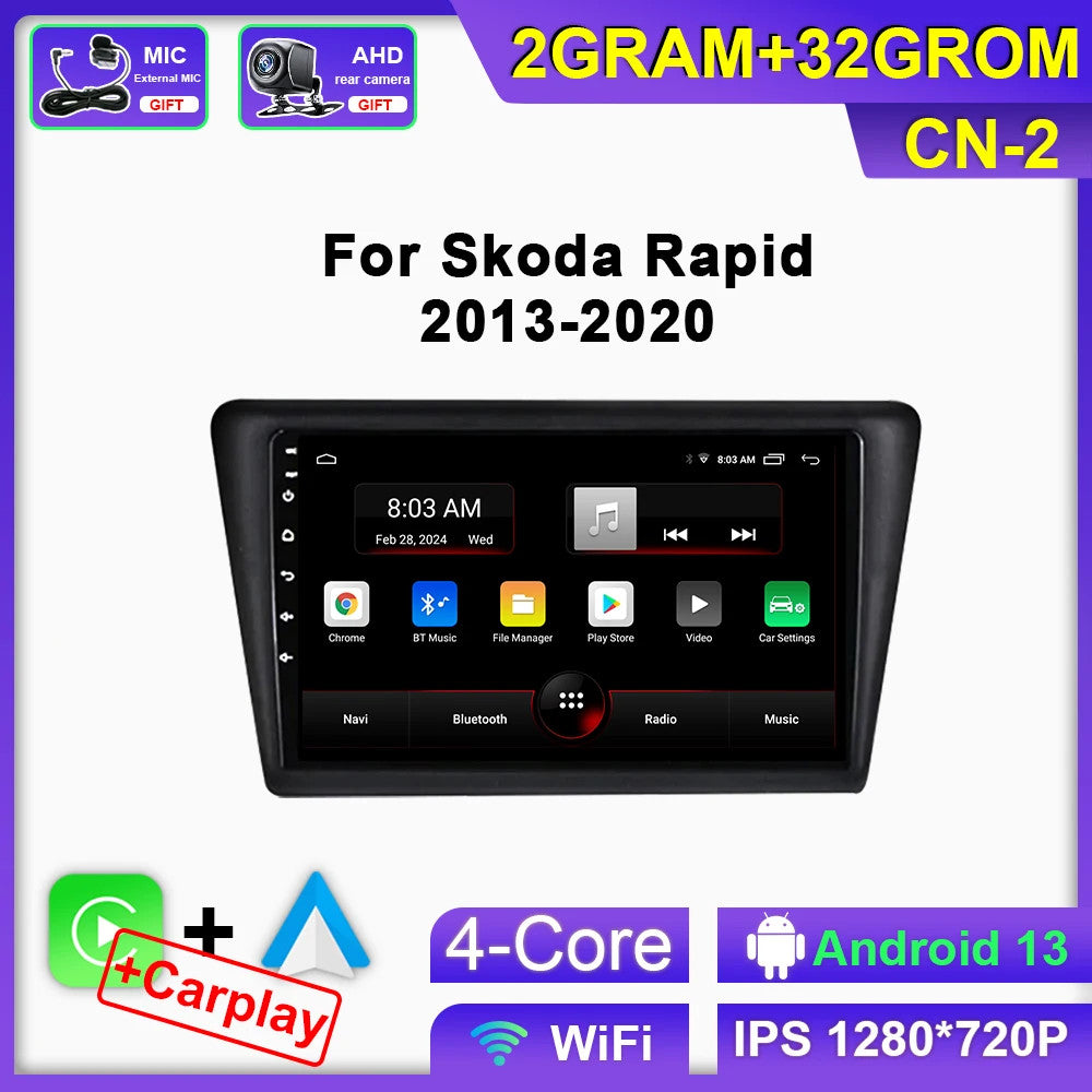 for Skoda Rapid 2013-2020 Stereo Car Radio CarPlay GPS Multimedia Player Screen