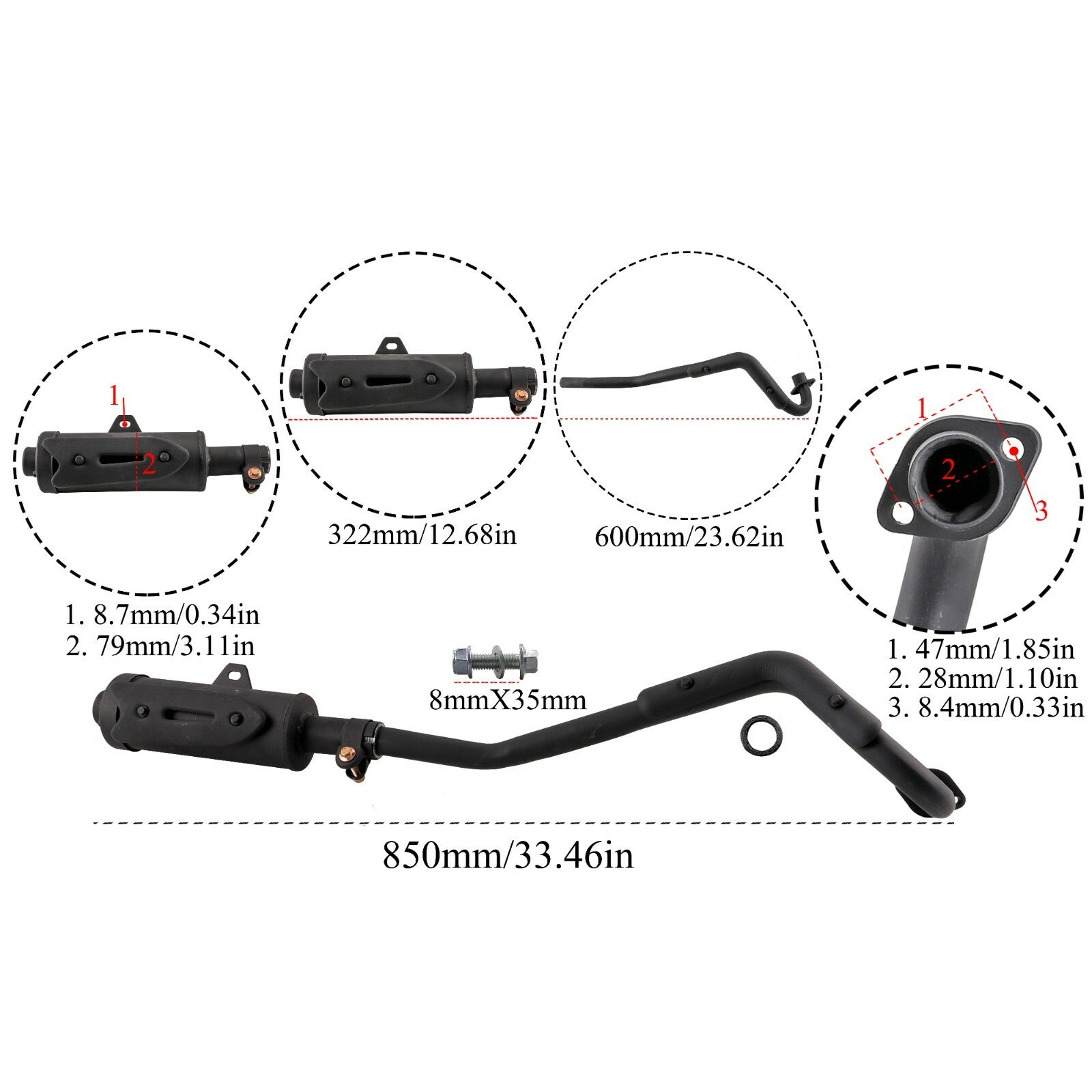 28mm exhaust muffler for bicycles, all-terrain vehicles, and Kazuma coolers for 90/110/125cc.