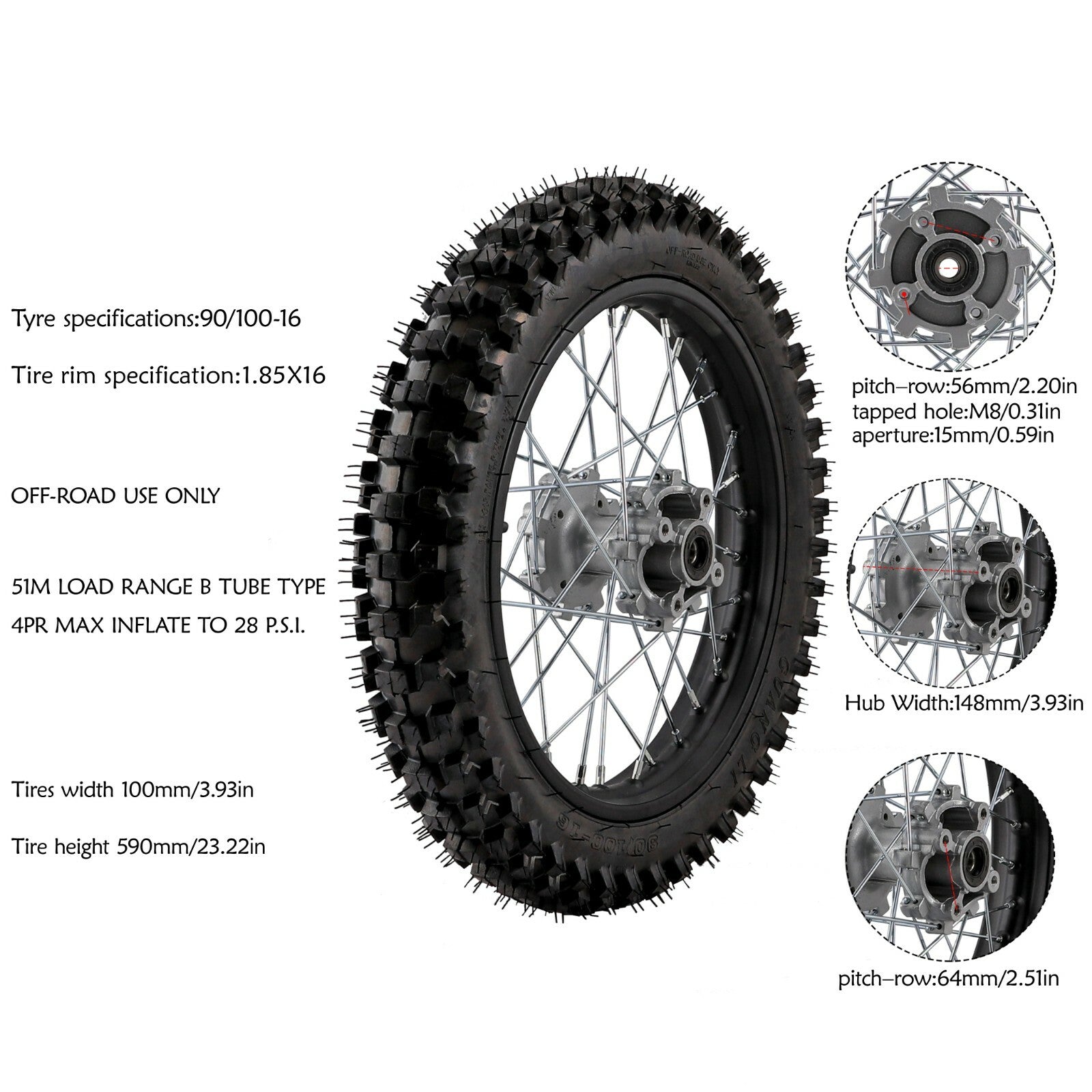 16-inch rear wheel, 90/100-16 tire, rim assembly, Fo Pit Dirt bicycle, CRF150, XR100, TTR125