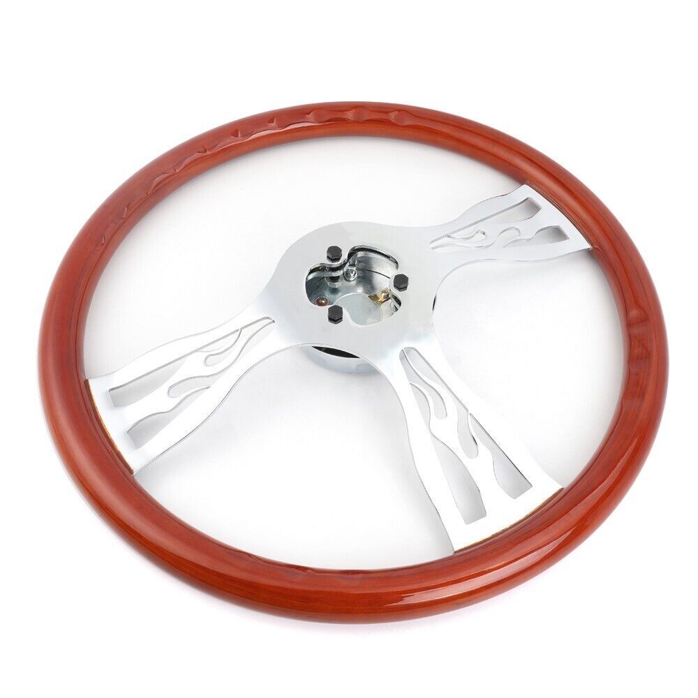 18 Wood Steering Wheel Chrome 3 Spoke For Big Rigs with Horn Button Kit