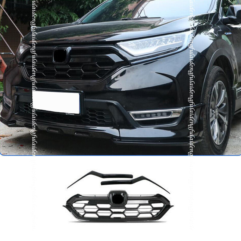3pc for Honda CR-V 2017-2022 Glossy Black Grille Front Bumper Center Grill Decor