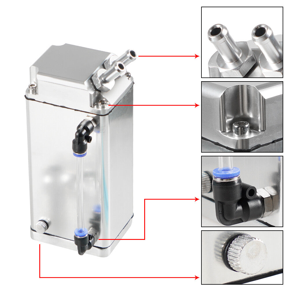 Oil Catch Can Square Shape Reservoir with Breather Filter Silver 500ML Aluminum