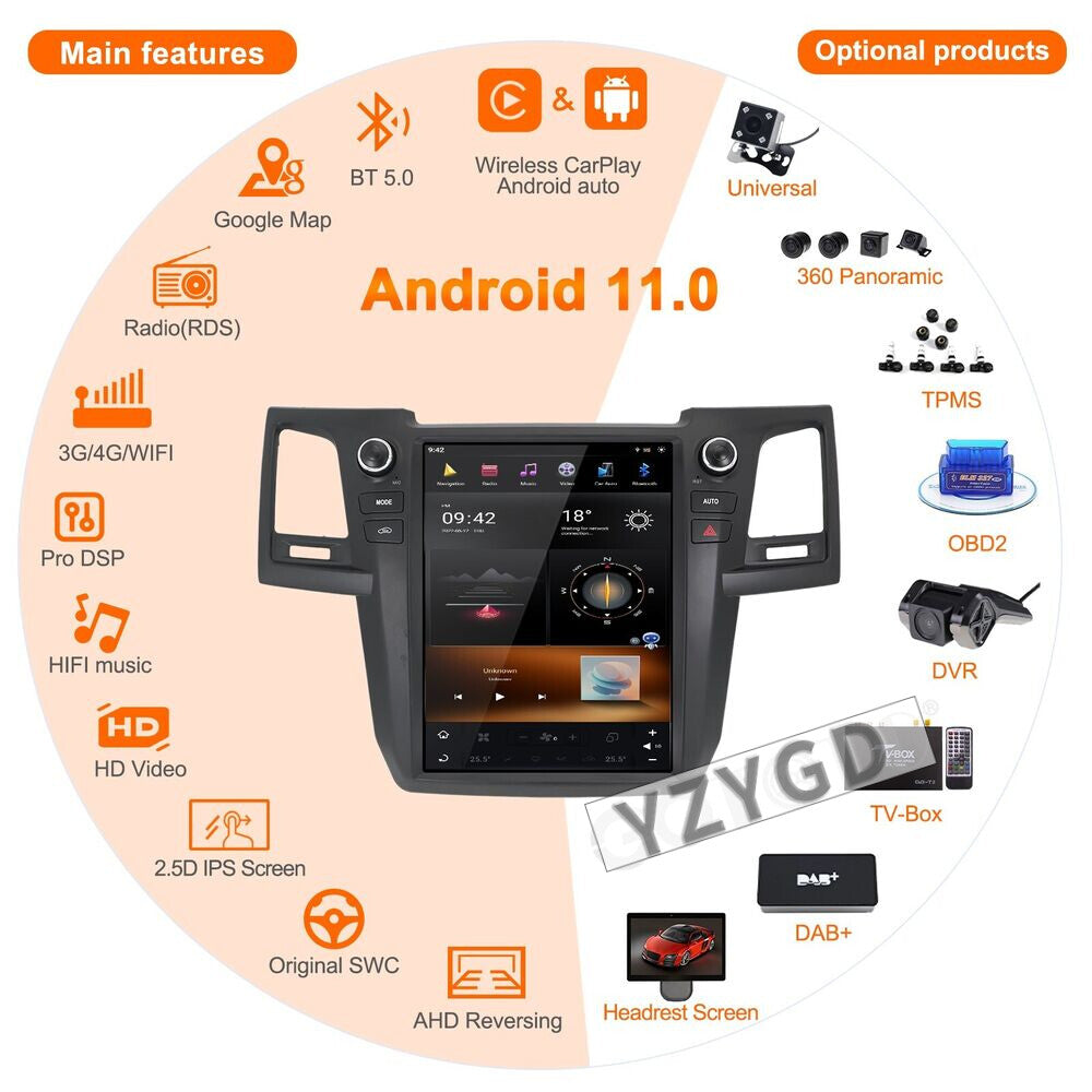 for Toyota Fortuner 2007-2015 Car Radio CarPlay 2Din Stereo Receiver Screen 64GB
