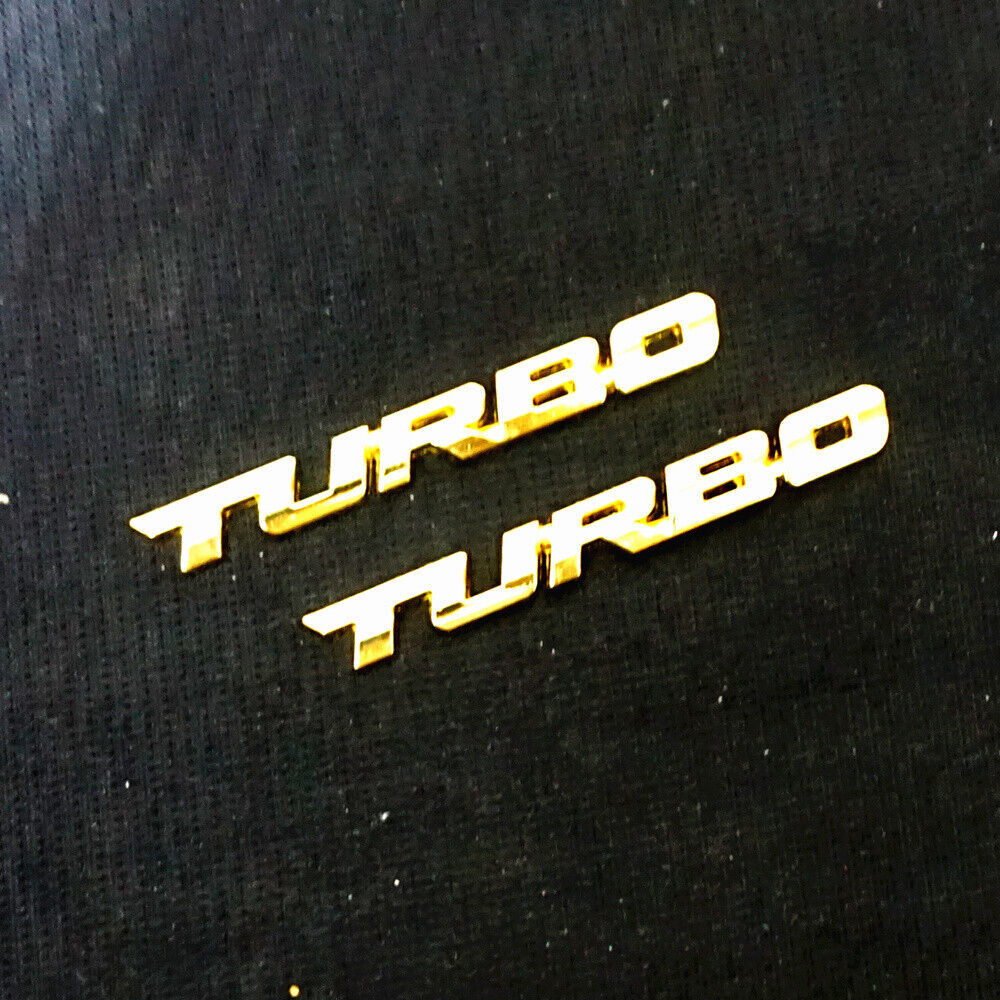 2x Golden TURBO Chrome Small Metal Badge Decal Emblem Sticker Luxury Premium AWD