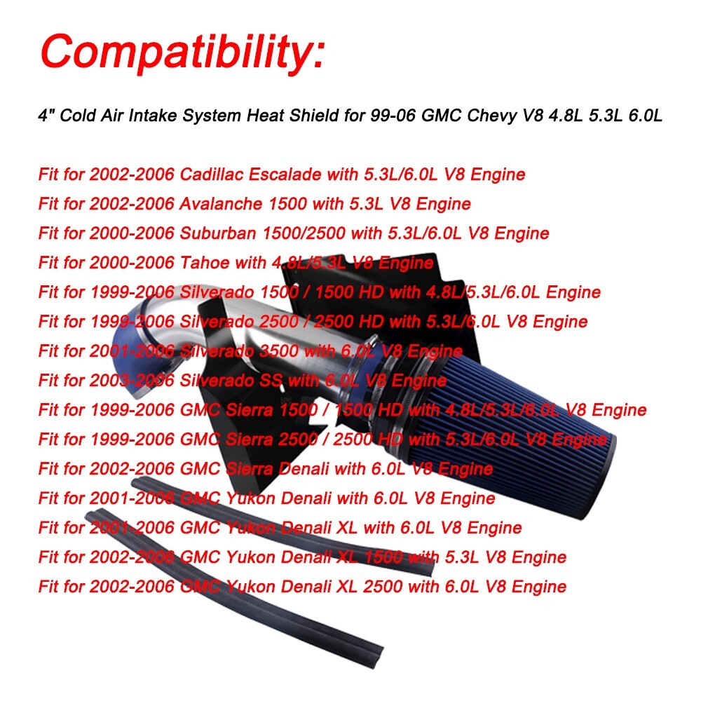4inch Heat Shield Cold Air Intake+Filter For 99-06 for Chevy V8 4.8L/5.3L/6.0L Blue