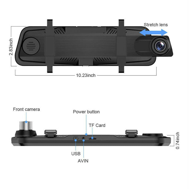 10in Car Touch Mirror Stream Media Dash Camera Dual Len Video Recorder Rearview