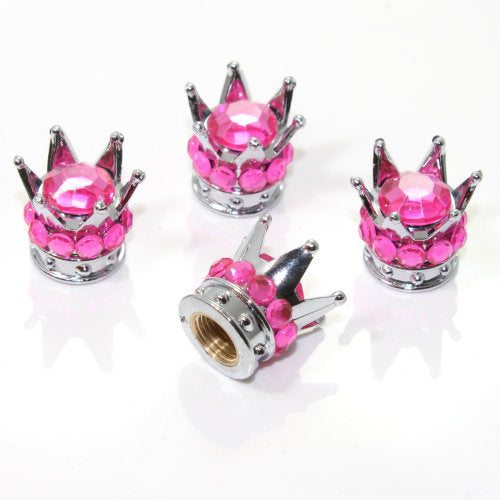 4 Chrome Crown Pink Bling Diamond Tire/Wheel Stem Valve Caps car truck hot rod