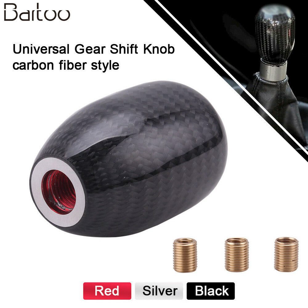 Car Gear Shift Knob Oval Ball Shape Carbon Fiber Black Universal With 3 Adapters
