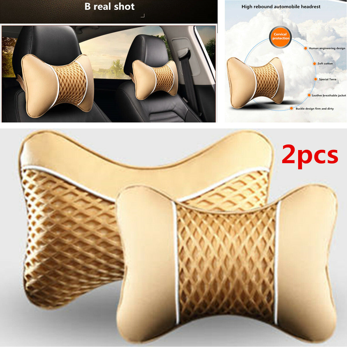 2x Headrest Pad PU Leather Car for Seat Pillow Head Neck Rest Support Cushion Beige