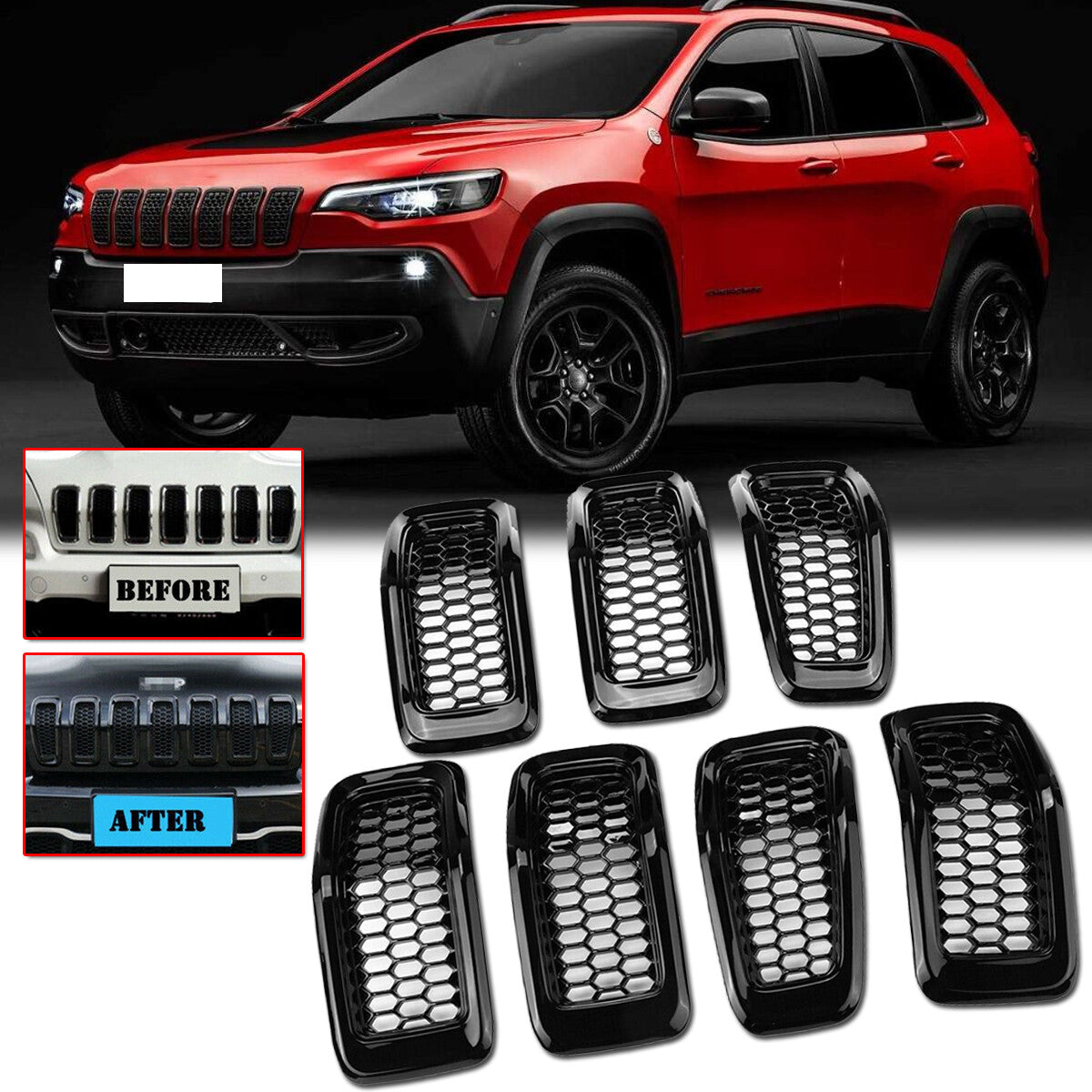 7-Piece Front Grille Cover Barbecue Insert Trim Cover Gloss Black for Jeep Cherokee 14-18