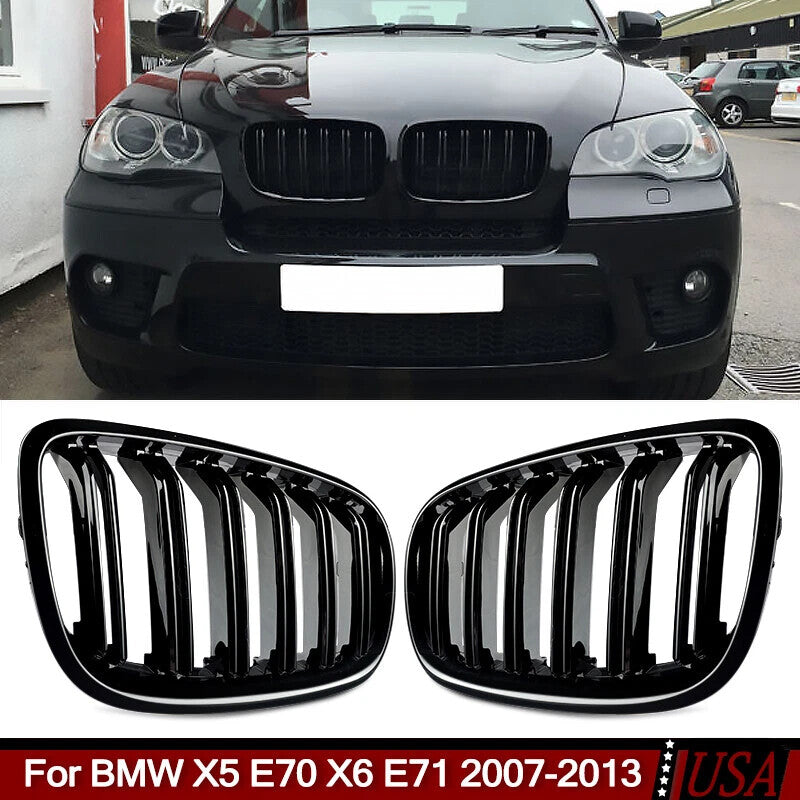 Pair Gloss Black Front Hood Kidney Grille Grill for BMW X5 X6 E70 E71 2007-2013