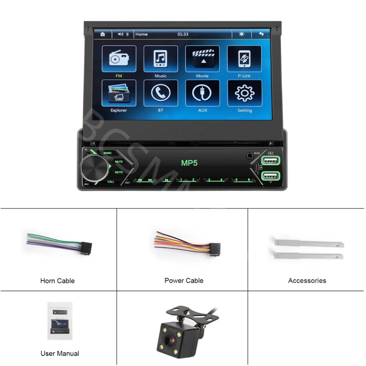 1 DIN 7in Car Stereo Radio MP5 Player Bluetooth Touch Screen With Rear Camera