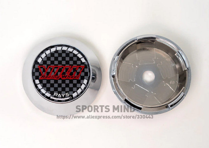 4-piece set of 65mm Volk racing badge wheel center caps, hub caps, and rim caps in chrome and carbon finish.