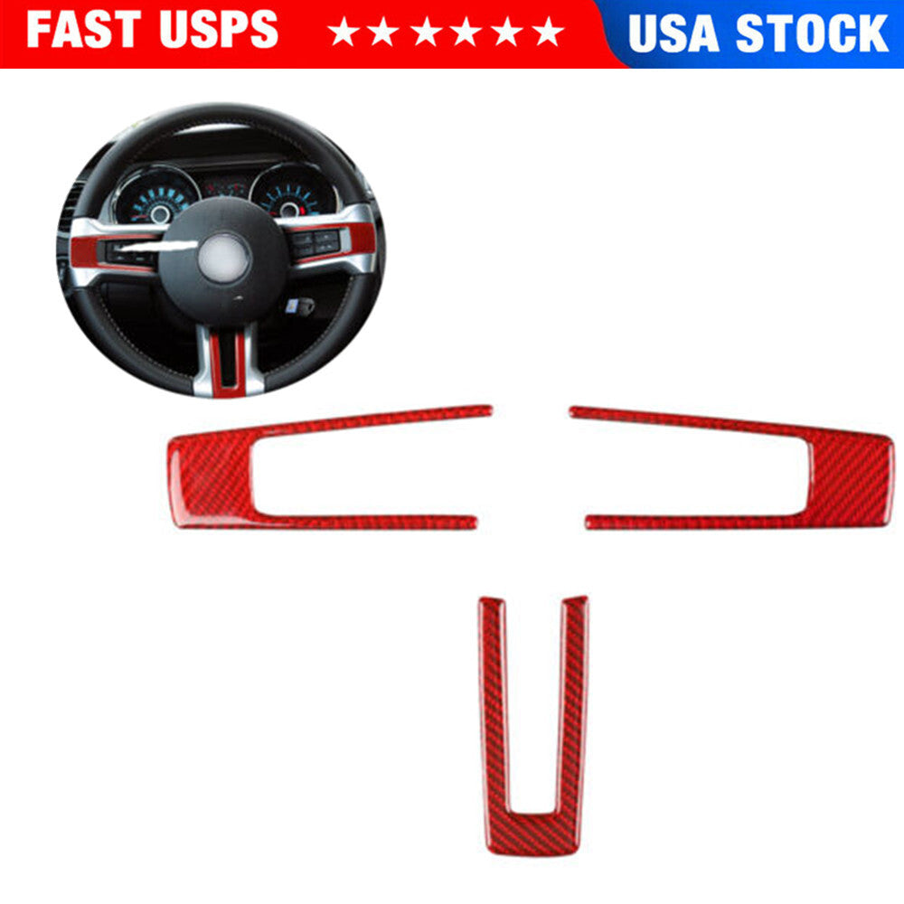 3X Red Steering Wheel Buttons Trim Cover Carbon Fiber for Ford for Mustang 2009-2013