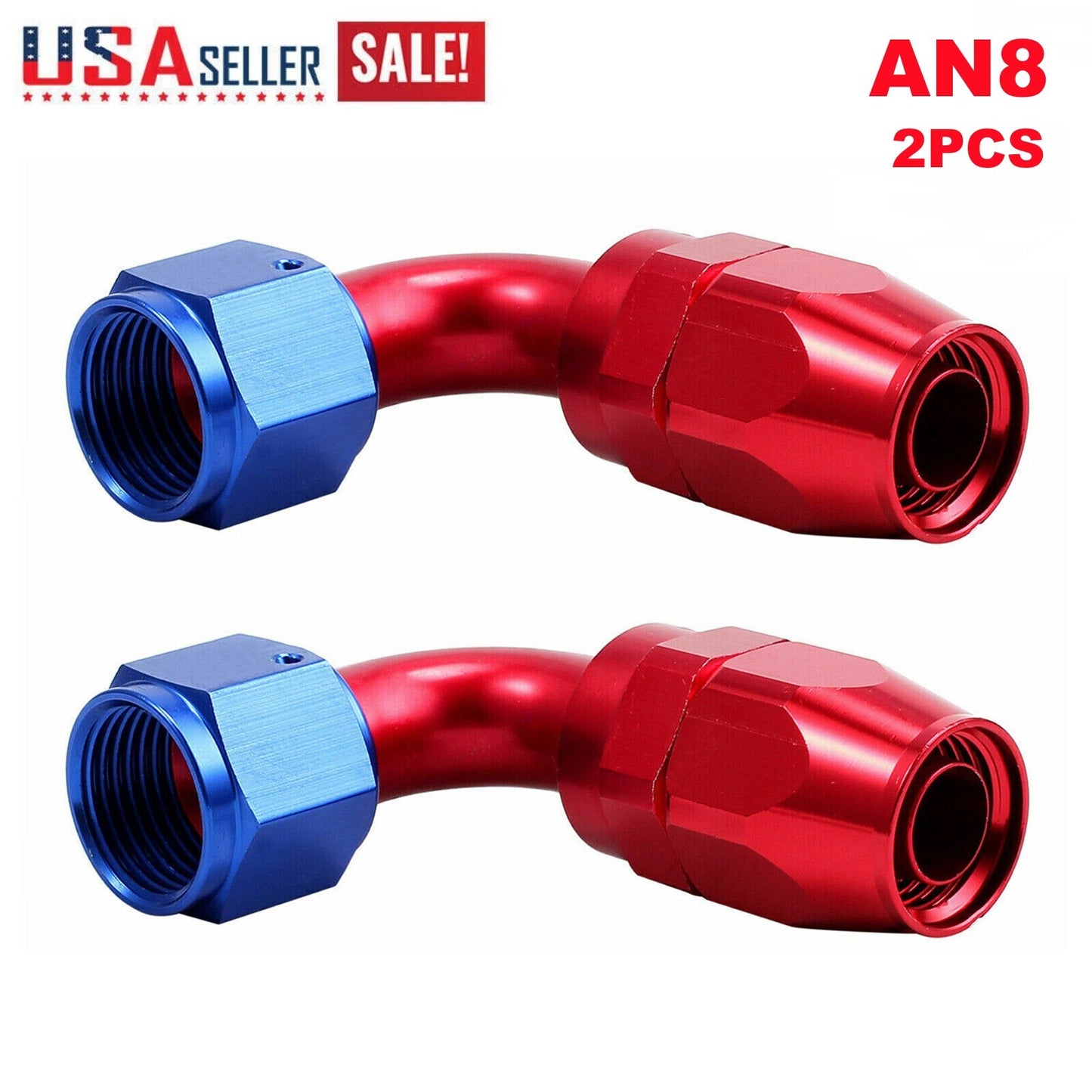 Red and blue AN8 90-degree swivel hose end adapter for fuel CPE hoses US