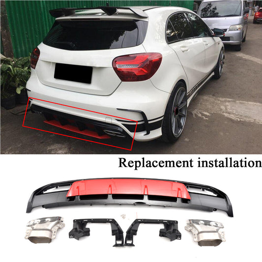 for Mercedes A W176 A45 ABS Rear Bumper Diffuser Lip W/Exhaust Tips Tailpipe