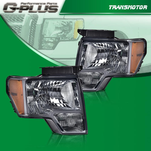 Pair of smoked, amber-colored factory-style headlights suitable for 2009-2014 for Ford F-150s.