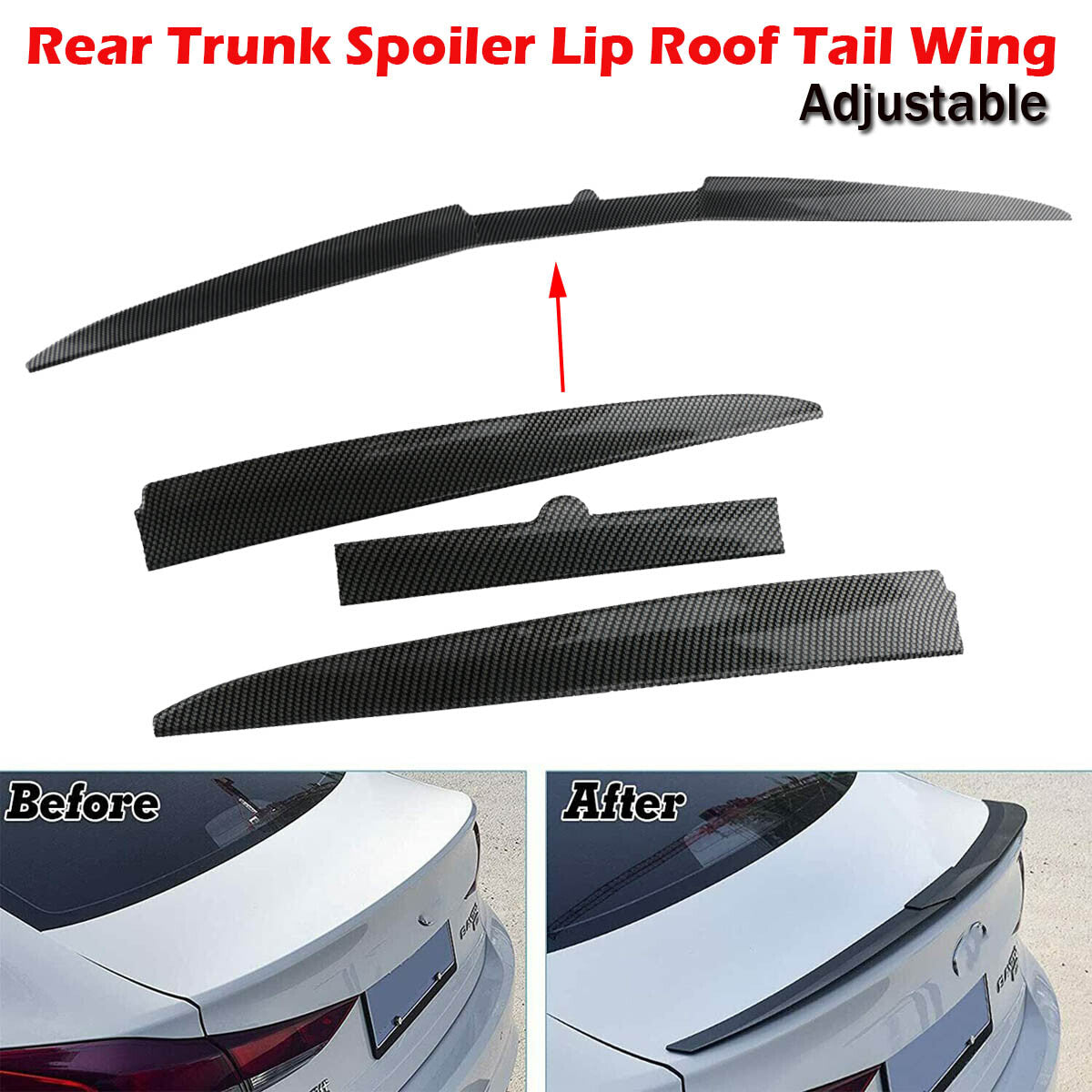 3-piece trunk boiler lip and rear spoiler trim set, 46-inch to 54-inch adjustable carbon fiber.