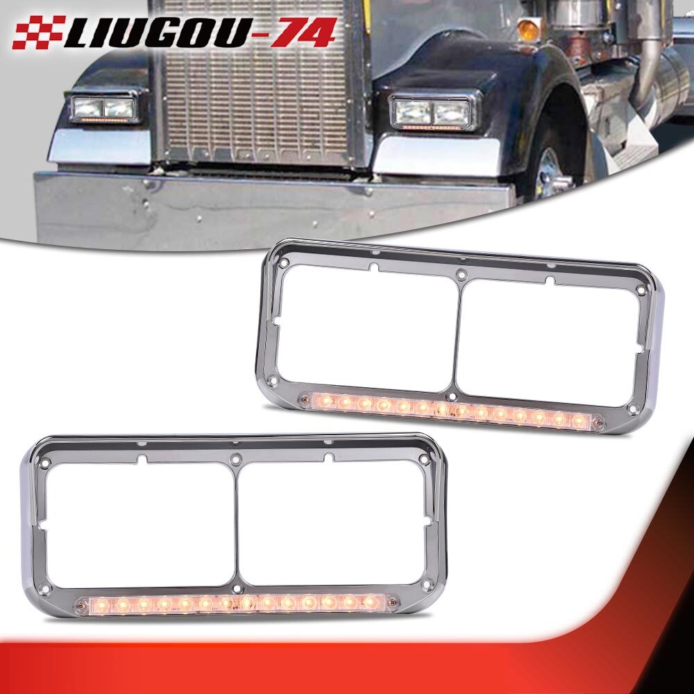 LED strip headlight bezel with visor suitable for dual rectangular 4x6 headlights with transparent lenses.