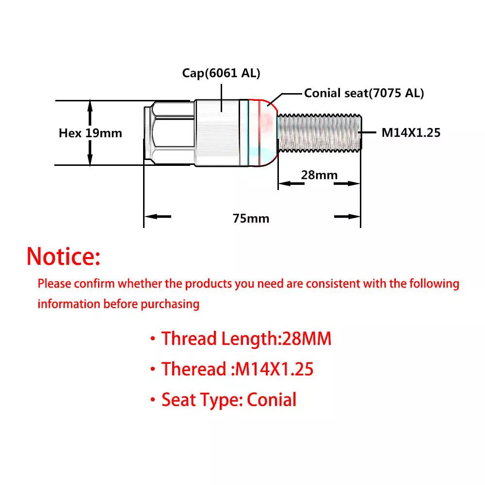 20-piece set of 28mm M14x1.25 wheel lug bolts and tapered for seat studs suitable for most aftermarket gold-rated products.