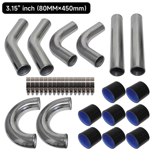 3.15 80mm Aluminum Universal Intercooler Turbo Piping pipe Kit +Black hose kits