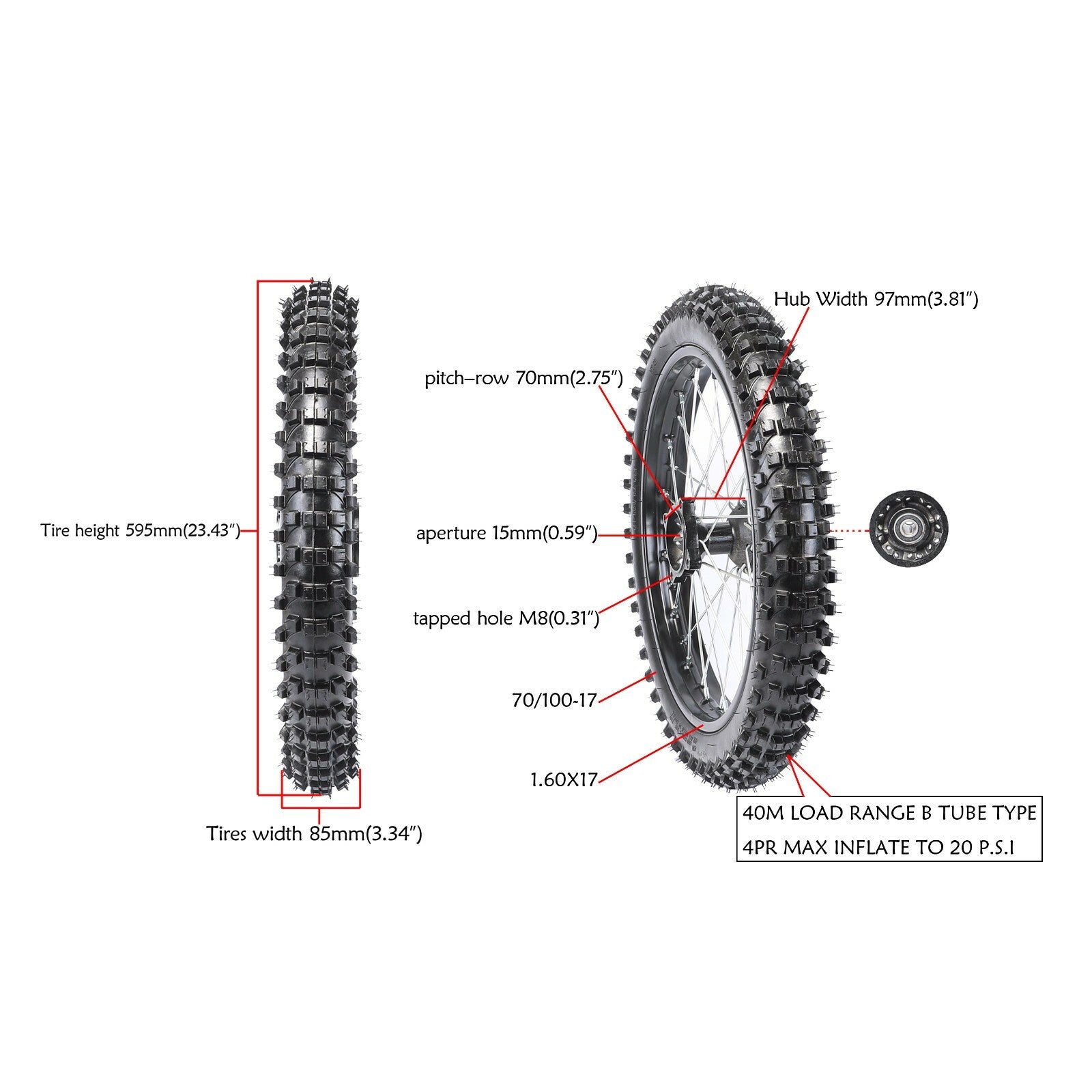 Front 70/100-17 + Rear 90/100-14 tires, wheelset, sprocket, and grooved tires for a 125cc SSR bicycle.
