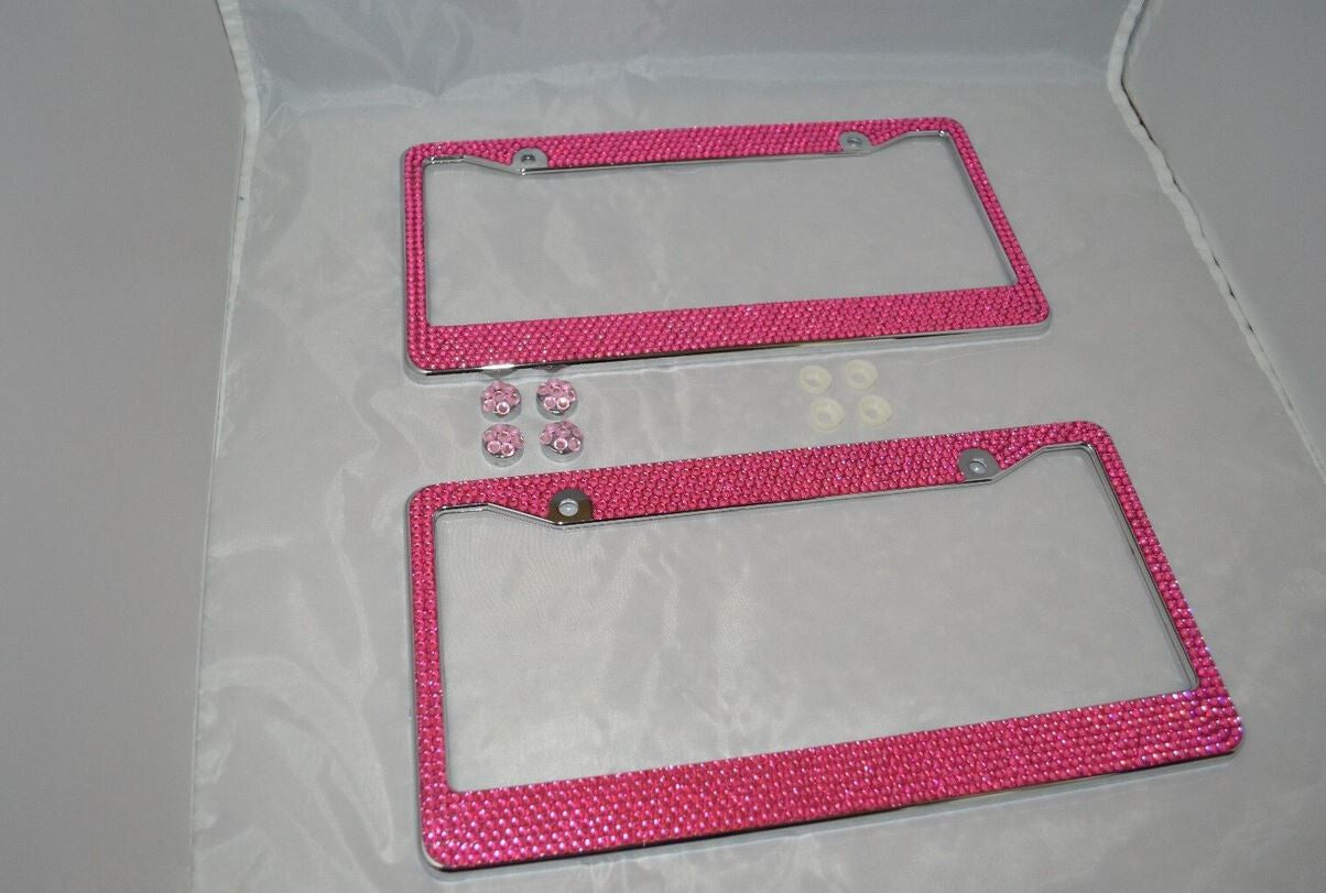 2-Piece Car License Plate Frame Cover for Rear Trunk Pink Glitter Crystal Suitable  for ford