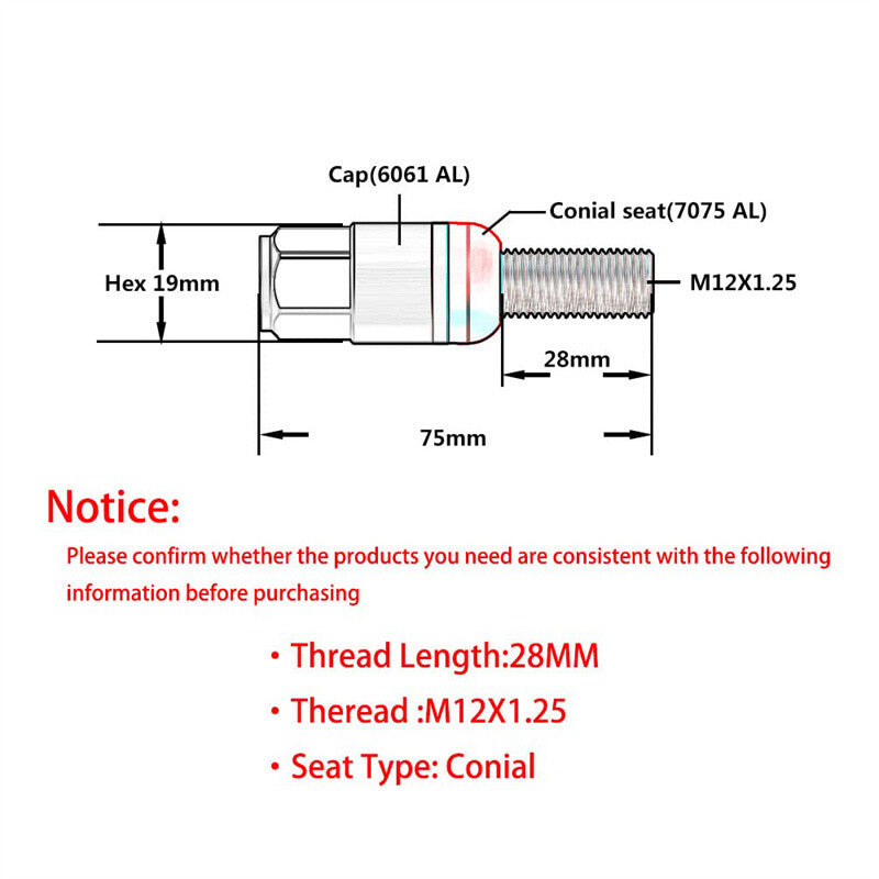 20PCS M12x1.25 Red Wheel Lug Bolt 28mm Shank Cone for Seat Stud for Jeep for Chrysler
