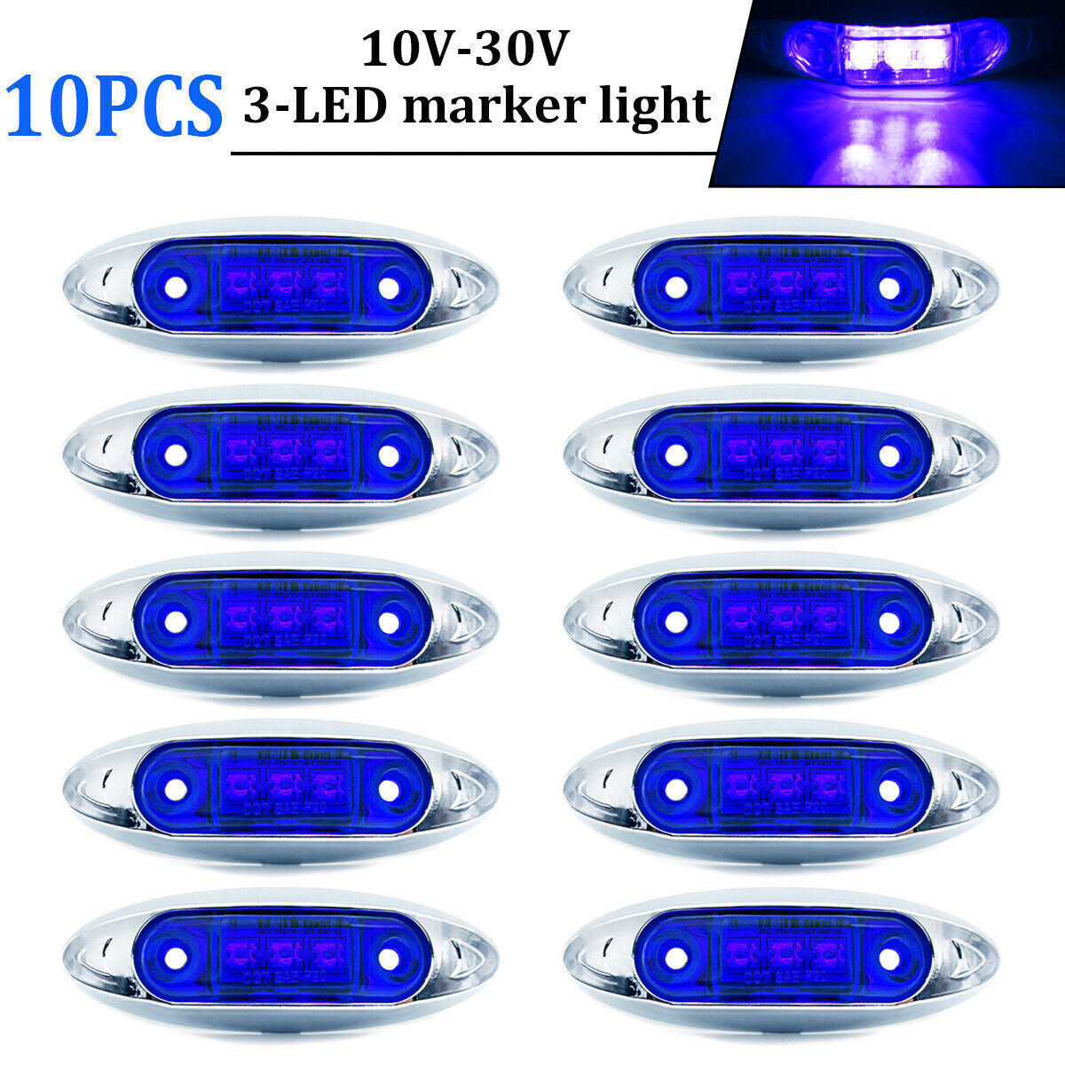 10pcs Blue Side Marker Lights Clearance Light Waterproof For Truck Trailer 3-LED