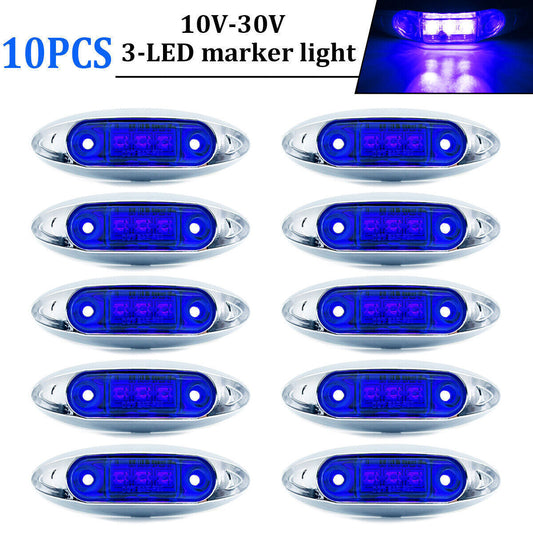 10pcs Blue Side Marker Lights Clearance Light Waterproof For Truck Trailer 3-LED