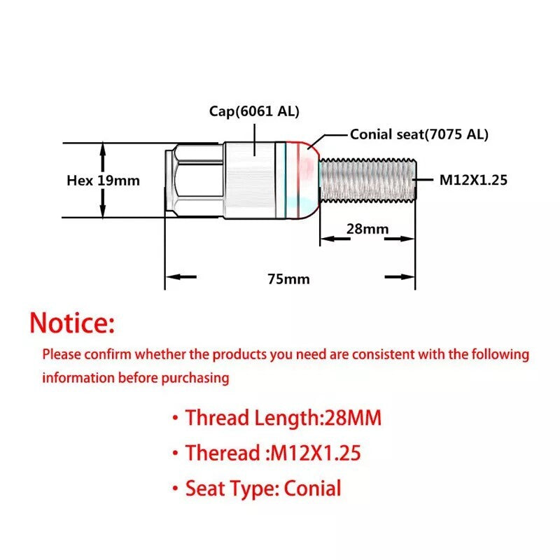 20PC 28mm M12x1.25 Wheel Lug Bolts Cone for Seat Studs for Jeep for Chrysler for Dodge Green