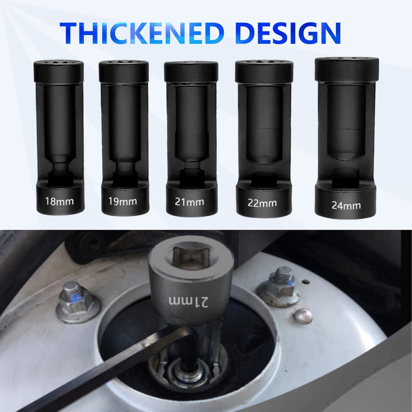 5pc Suspension Strut Nut Socket Set 18mm 19mm 21mm 22mm 24mm 12 Point 1/2 Drive