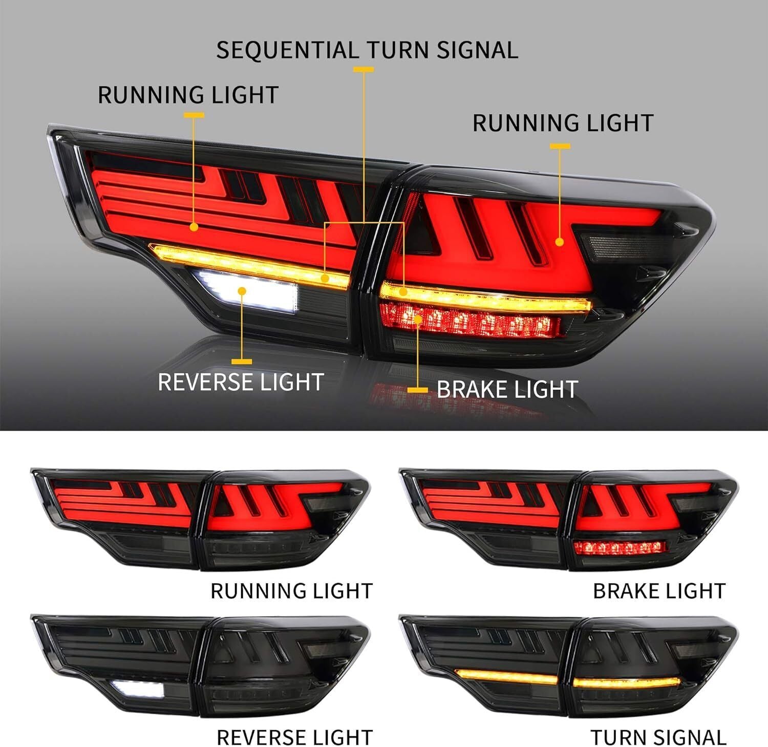 for Toyota Highlander 2014-2019 Smoked Rear Tail Light LED Dynamic Signal Brake
