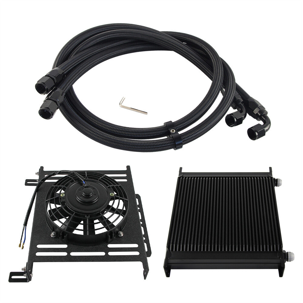 AN10 40 Row Universal Oil Cooler w/Nylon Braided Oil Line +7 Electric Fan Black